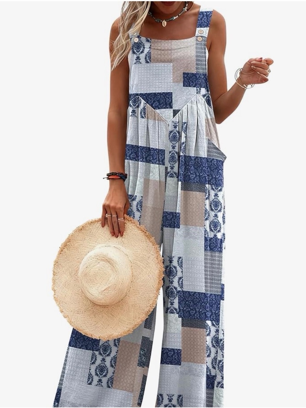 Sleeveless Patchwork Wide-Leg Jumpsuit in Blue and Taupe